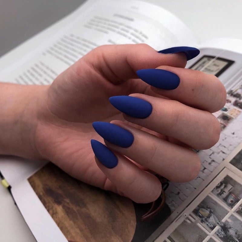 KQueenest Dark Blue Press on Nails Medium Stiletto Almond, Matte Pure Color Acrylic Nails Kit Reusable Fake Nails with Feature Protective UV Coating for Women Nail Art Manicure in 24PCS - Image 2